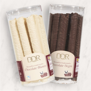 Barquillos tradicionales de chocolate negro o blanco Dor